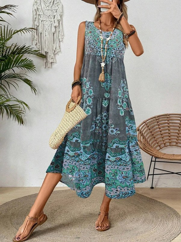 Mouwloze damesjurk met ronde hals en zomerprint, geschikt voor casual of strandkleding voor vakantie en lange vakantie
