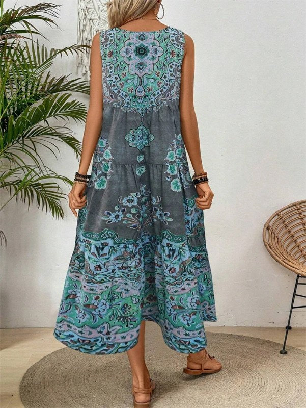 Mouwloze damesjurk met ronde hals en zomerprint, geschikt voor casual of strandkleding voor vakantie en lange vakantie