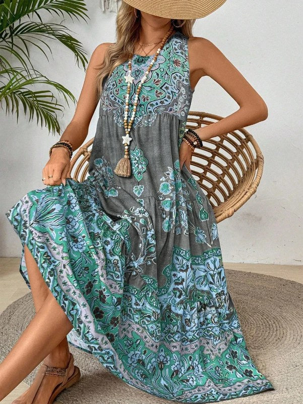 Mouwloze damesjurk met ronde hals en zomerprint, geschikt voor casual of strandkleding voor vakantie en lange vakantie