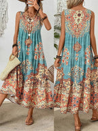 Mouwloze damesjurk met ronde hals en zomerprint, geschikt voor casual of strandkleding voor vakantie en lange vakantie