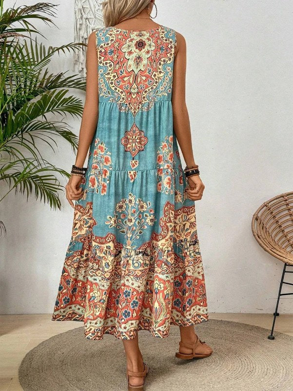Mouwloze damesjurk met ronde hals en zomerprint, geschikt voor casual of strandkleding voor vakantie en lange vakantie