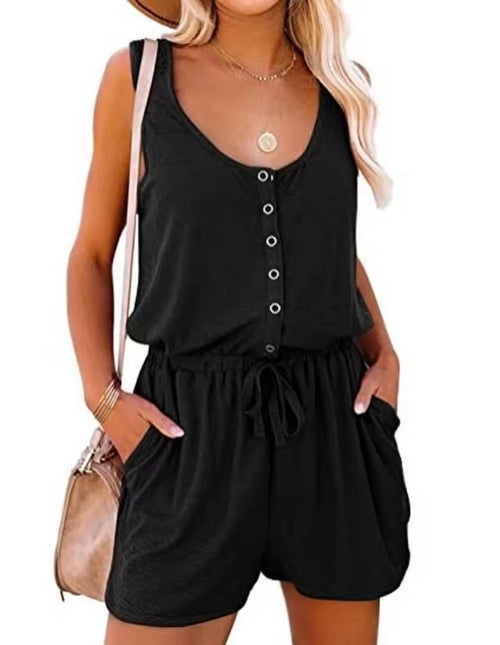 Ärmlös jumpsuit bekväm kort med knappstängning - Black