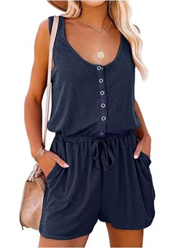Ärmlös jumpsuit bekväm kort med knappstängning - Dark Blue