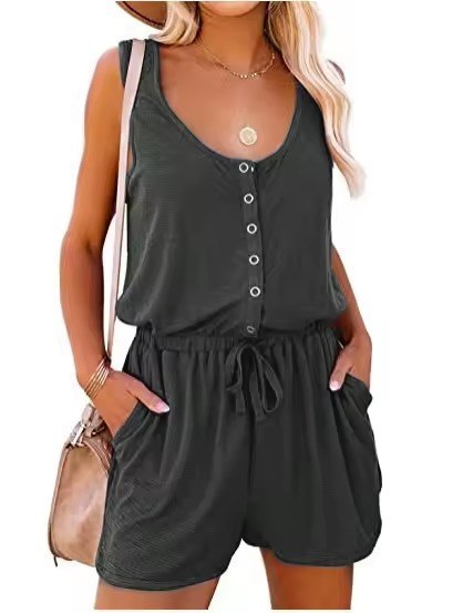 Ärmlös jumpsuit bekväm kort med knappstängning - Grey