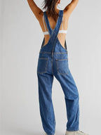 Mode denim overall voor dames losse pasvorm klassieke slabbetje casual Jean rekbare denim overall jumpsuit taps toelopende pijpen jeansbroek