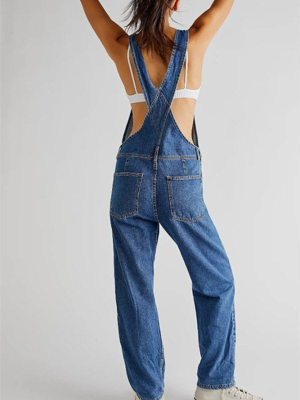 Mode denim overall voor dames losse pasvorm klassieke slabbetje casual Jean rekbare denim overall jumpsuit taps toelopende pijpen jeansbroek