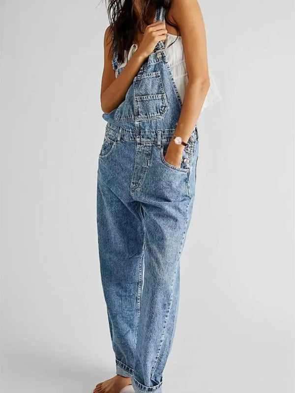 Mode denim overall voor dames losse pasvorm klassieke slabbetje casual Jean rekbare denim overall jumpsuit taps toelopende pijpen jeansbroek