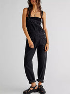 Mode denim overall voor dames losse pasvorm klassieke slabbetje casual Jean rekbare denim overall jumpsuit taps toelopende pijpen jeansbroek