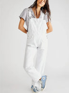 Mode denim overall voor dames losse pasvorm klassieke slabbetje casual Jean rekbare denim overall jumpsuit taps toelopende pijpen jeansbroek
