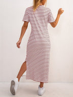 Striped Jersey Midi Dress with Side Split and Short Sleeves