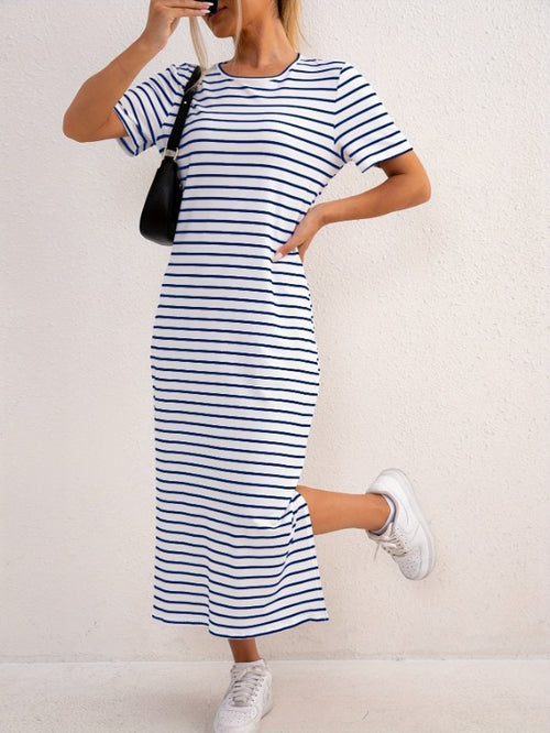 Avslappnad kortärmad randig maxiklänning - Navy