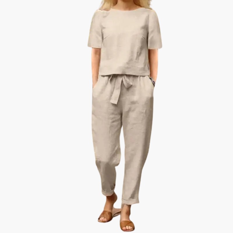 Avslappnat kortärmad tvådelat set för dam - Beige