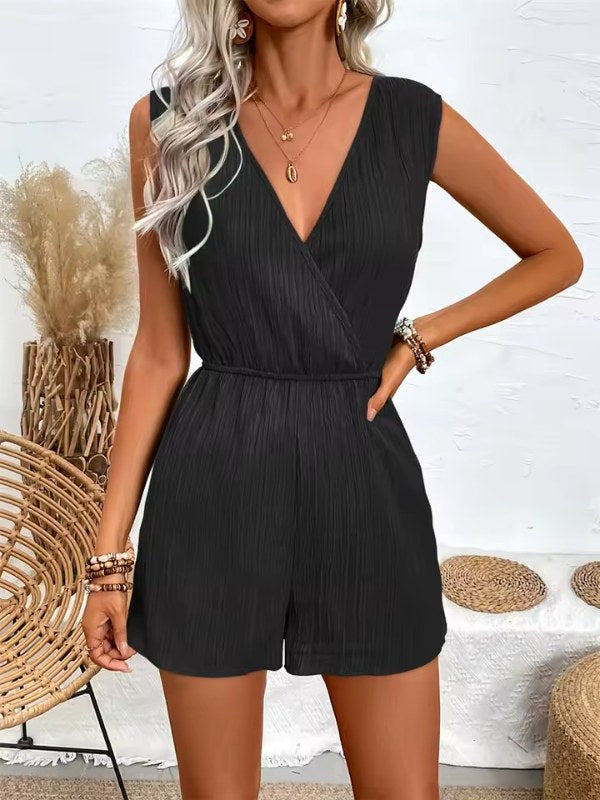 Bekväm ärmlös v-ringad jumpsuit - Black