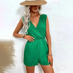 Jump Suit Dames Overalls Speelpakjes Vakantie One Pieces Outfits Romper Zomer Casual Cross V-hals Mouwloos Effen Kort Dames