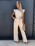 Dam elegant jumpsuit puffärm midjeskärp - Beige