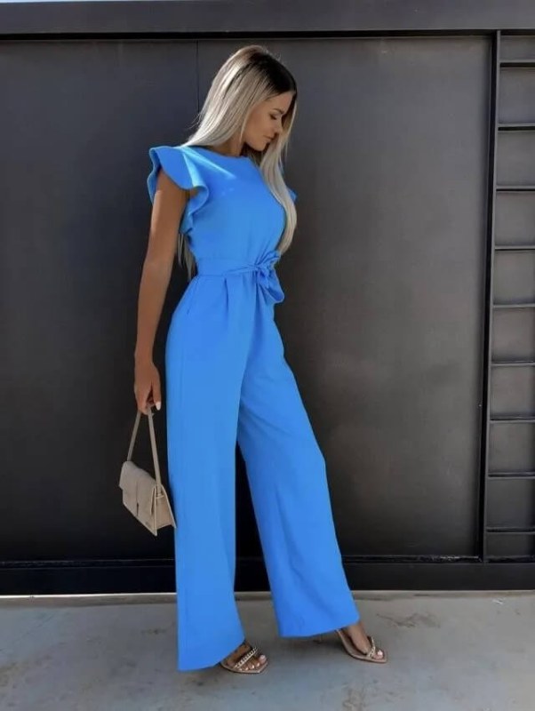 Dam elegant jumpsuit puffärm midjeskärp - Blue