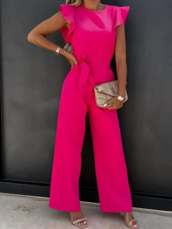 Dam elegant jumpsuit puffärm midjeskärp - Pink