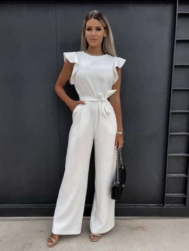 Dam elegant jumpsuit puffärm midjeskärp - White