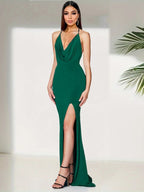 Cowl Nek Backless Gekruiste Bandjes Split Stretch Bruidsmeisjes Jurk Trouwgast Zeemeermin Mouwloze Slim Feest Avondjurk