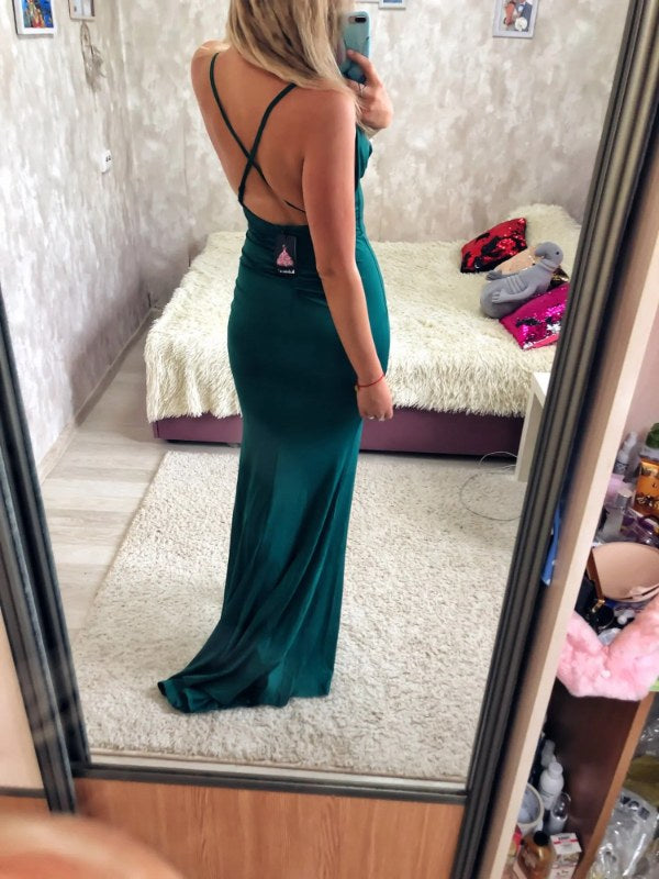 Cowl Nek Backless Gekruiste Bandjes Split Stretch Bruidsmeisjes Jurk Trouwgast Zeemeermin Mouwloze Slim Feest Avondjurk