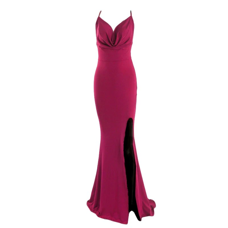 Cowl Nek Backless Gekruiste Bandjes Split Stretch Bruidsmeisjes Jurk Trouwgast Zeemeermin Mouwloze Slim Feest Avondjurk