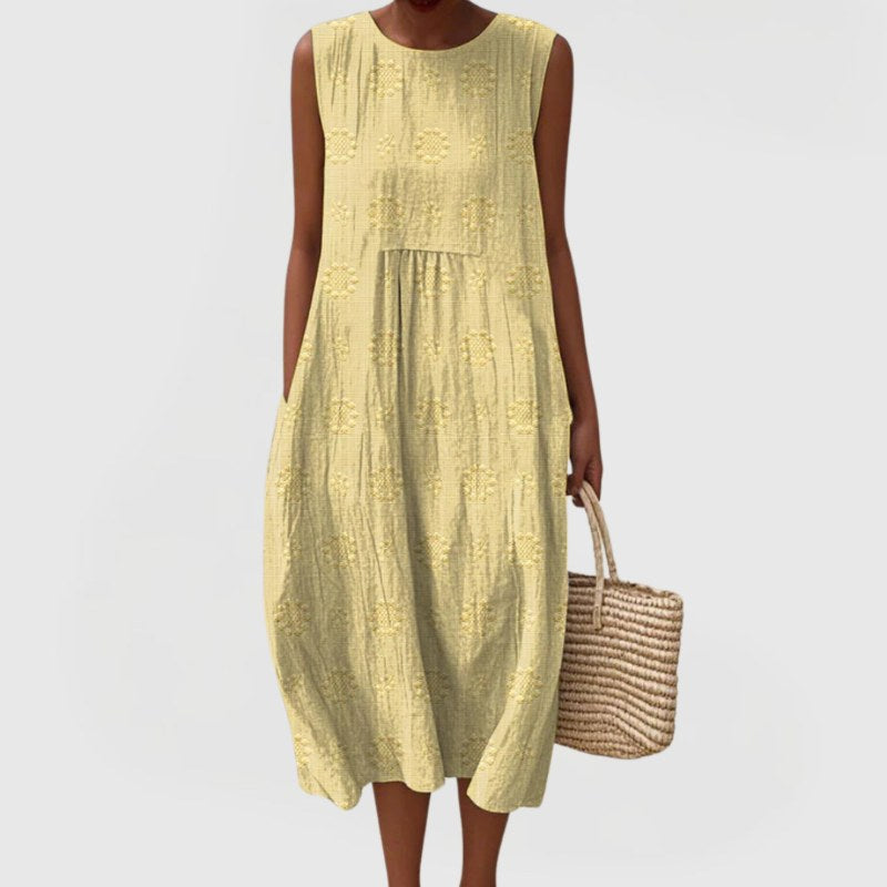 Women's Elegant Dress with Pockets and Floral Embroidery