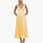 Women’s Midi Dress with Pleated Neckline and Structured Waist