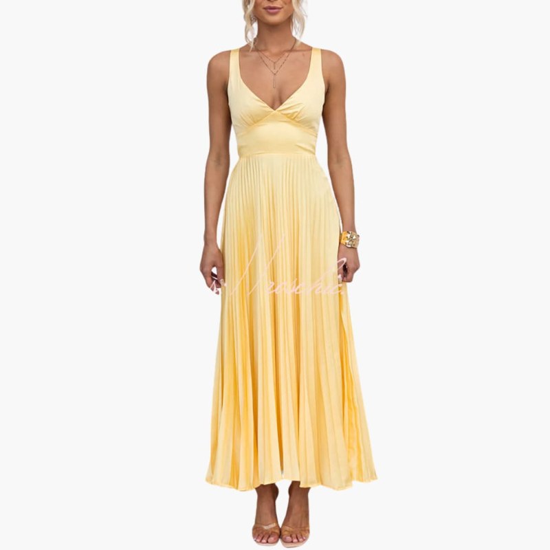 Women’s Midi Dress with Pleated Neckline and Structured Waist