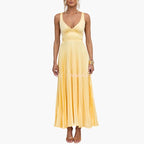 Women’s Midi Dress with Pleated Neckline and Structured Waist