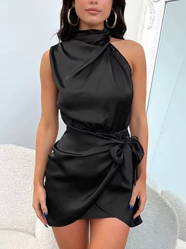 Elegant ärmlös jeansklänning med omlottdesign - Black