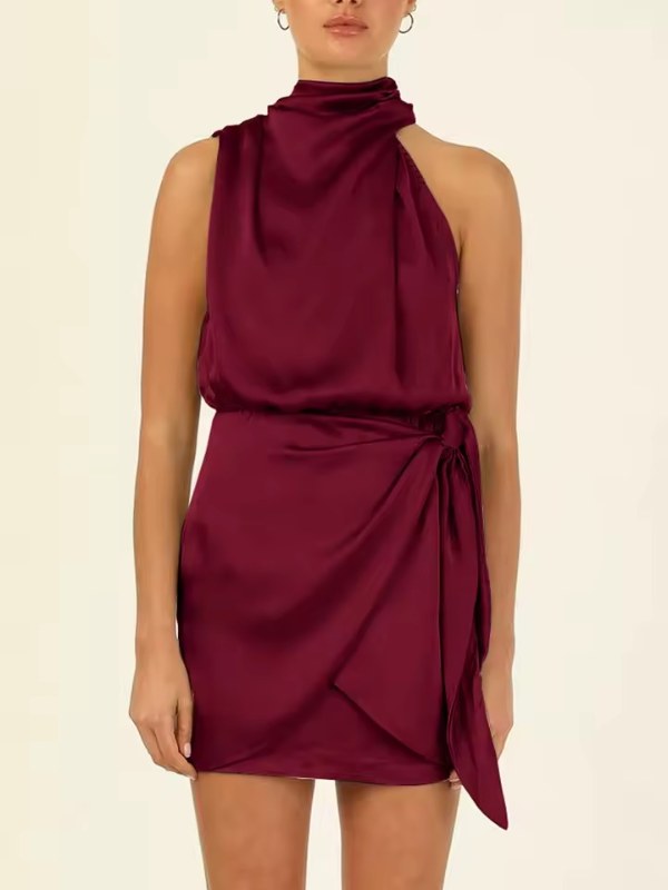 Elegant ärmlös jeansklänning med omlottdesign - Burgundy