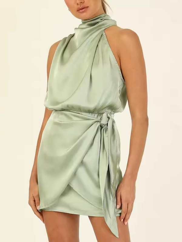 Elegant ärmlös jeansklänning med omlottdesign - Mint
