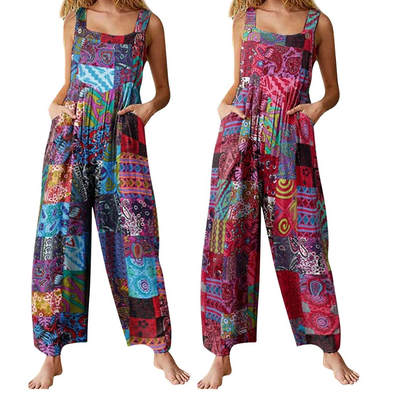 Boeiende Nieuwe Dames Zomer Overalls, Veelkleurige Etnische Stijl Vierkante Hals Mouwloze Casual Jumpsuit Met Zakken Voor Meisjes