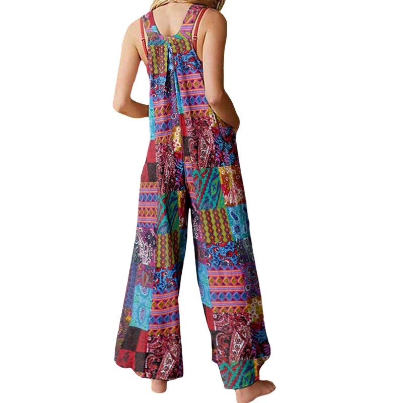 Boeiende Nieuwe Dames Zomer Overalls, Veelkleurige Etnische Stijl Vierkante Hals Mouwloze Casual Jumpsuit Met Zakken Voor Meisjes