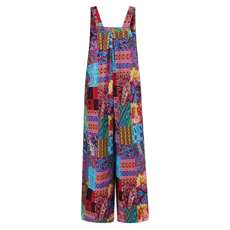 Boeiende Nieuwe Dames Zomer Overalls, Veelkleurige Etnische Stijl Vierkante Hals Mouwloze Casual Jumpsuit Met Zakken Voor Meisjes