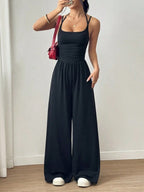 Dames Casual Effen Kleur Plooien Losse Rechte Jumpsuit A-lijn Backless Halter Hals Slanke Cami Jumpsuit Streetwear 2025