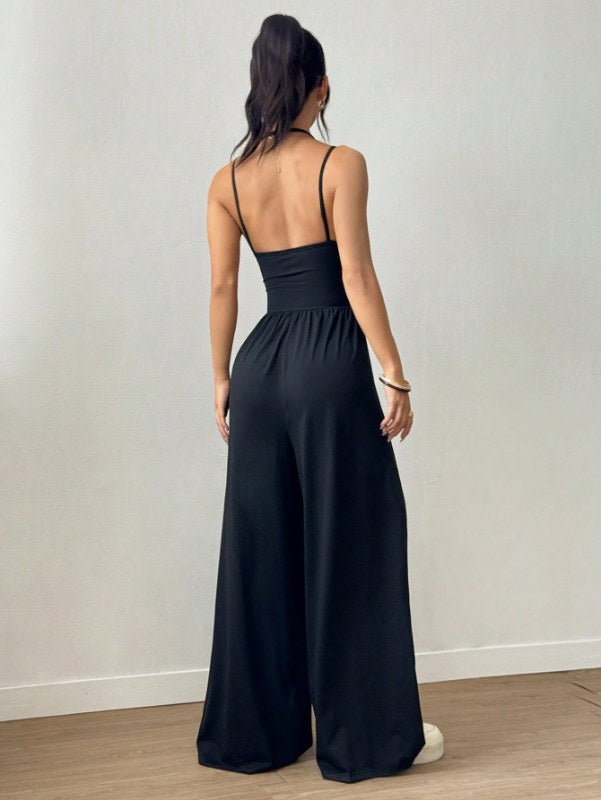 Dames Casual Effen Kleur Plooien Losse Rechte Jumpsuit A-lijn Backless Halter Hals Slanke Cami Jumpsuit Streetwear 2025