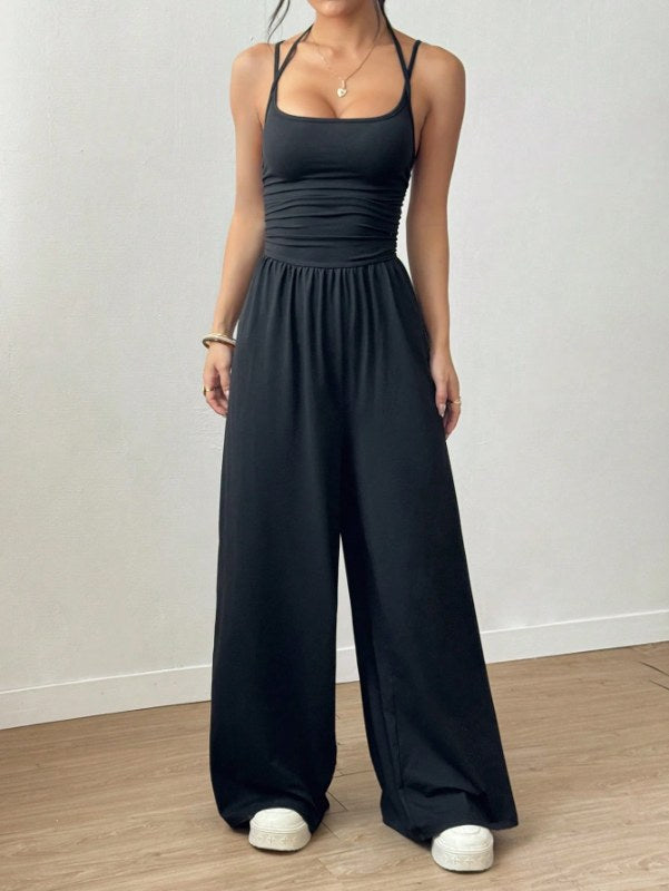 Dames Casual Effen Kleur Plooien Losse Rechte Jumpsuit A-lijn Backless Halter Hals Slanke Cami Jumpsuit Streetwear 2025