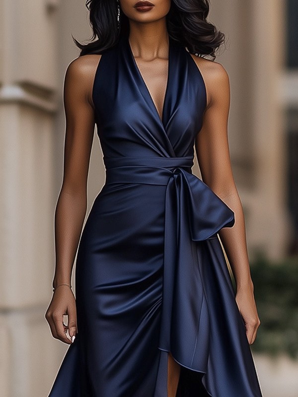 Dames Halter Rimpel Jurk – Satijn, Avondkleding, Effen Design