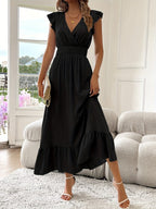 Women’s V-Neck Ruffled Midi Dress with Shirred Waist