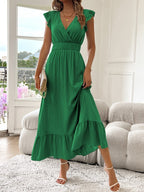 Women’s V-Neck Ruffled Midi Dress with Shirred Waist
