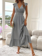 Women’s V-Neck Ruffled Midi Dress with Shirred Waist