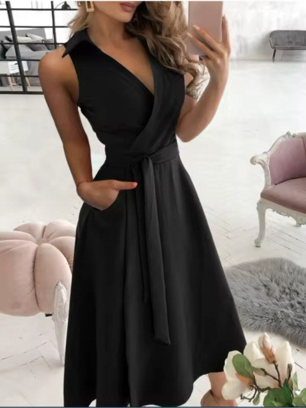 Elegant ärmlös omlottklänning midilängd - Black