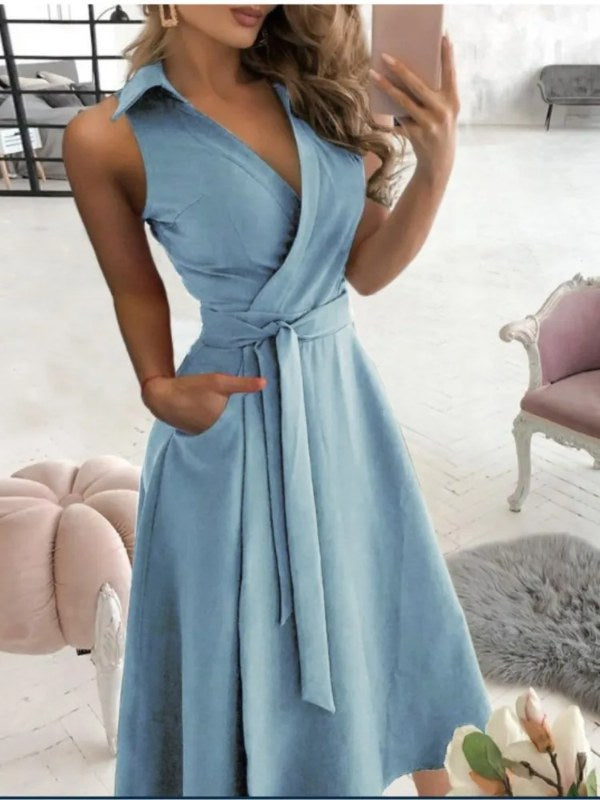 Nieuwe Lente Vrouwen Revers Mouwloze Midi Jurk Zomer Modieuze V-hals Effen Met Riem Elegant Office Lady Dressess Gewaad