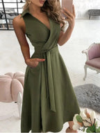 Nieuwe Lente Vrouwen Revers Mouwloze Midi Jurk Zomer Modieuze V-hals Effen Met Riem Elegant Office Lady Dressess Gewaad