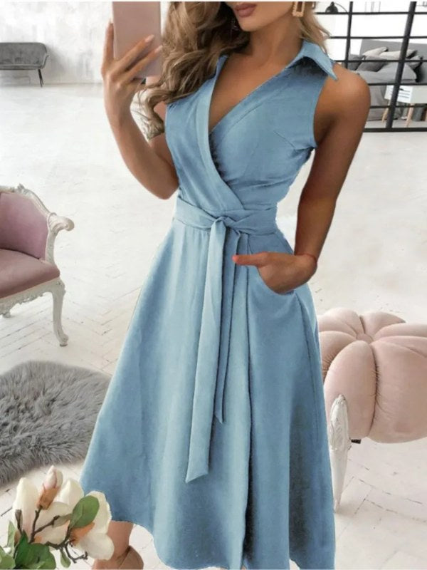 Nieuwe Lente Vrouwen Revers Mouwloze Midi Jurk Zomer Modieuze V-hals Effen Met Riem Elegant Office Lady Dressess Gewaad