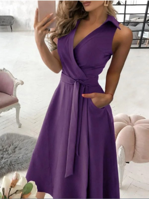 Nieuwe Lente Vrouwen Revers Mouwloze Midi Jurk Zomer Modieuze V-hals Effen Met Riem Elegant Office Lady Dressess Gewaad