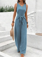 Mode Effen Jumpsuit Voor Vrouwen Casual Mouwloze V-hals Lace-Up Wijde Pijpen Broek Jumpsuits Dame Zomervakantie Dameskleding