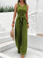 Mode Effen Jumpsuit Voor Vrouwen Casual Mouwloze V-hals Lace-Up Wijde Pijpen Broek Jumpsuits Dame Zomervakantie Dameskleding