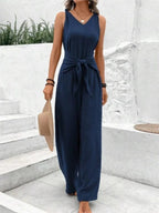 Mode Effen Jumpsuit Voor Vrouwen Casual Mouwloze V-hals Lace-Up Wijde Pijpen Broek Jumpsuits Dame Zomervakantie Dameskleding